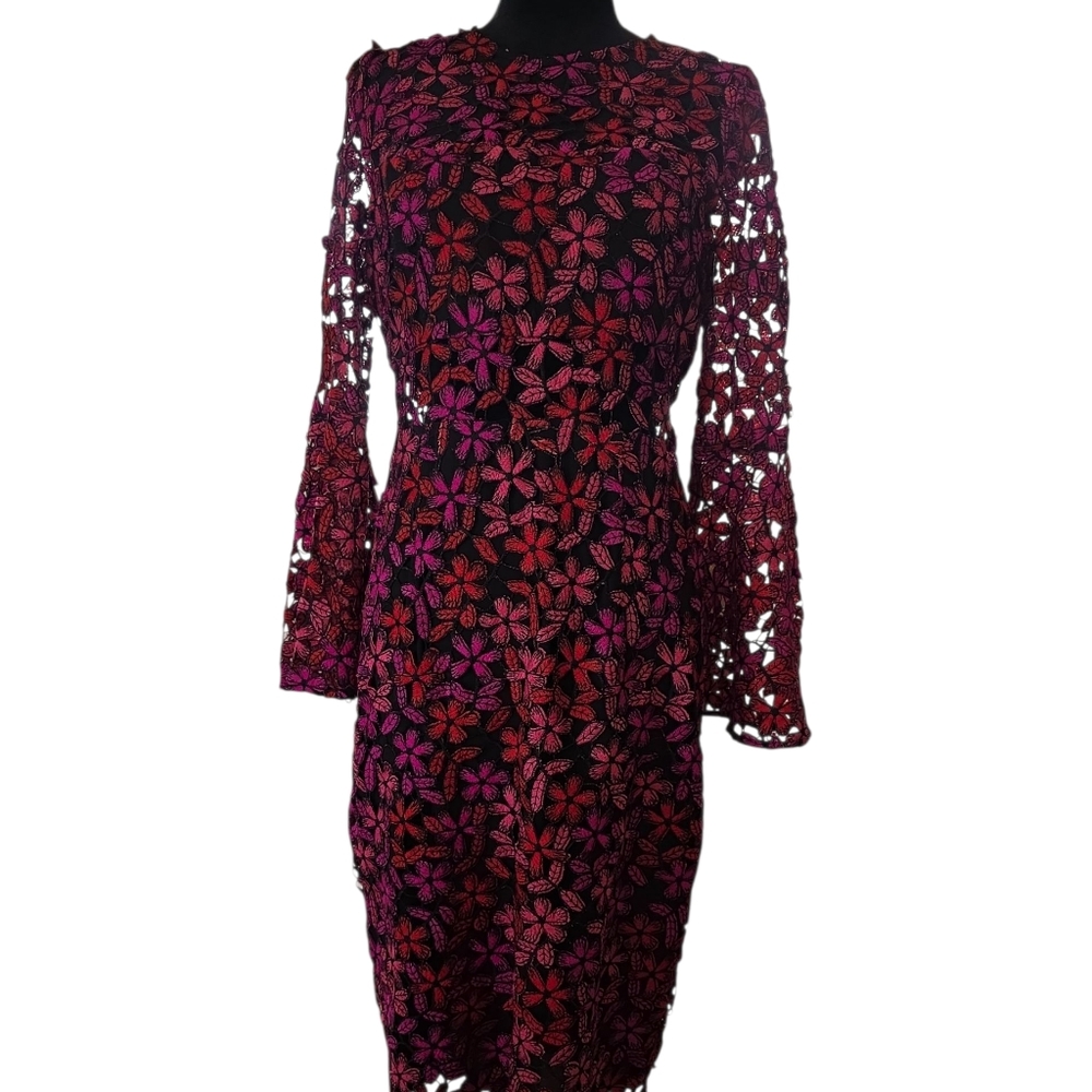 Shoshanna Black and Pink Floral Cutout Lace Long Sleeve Dress